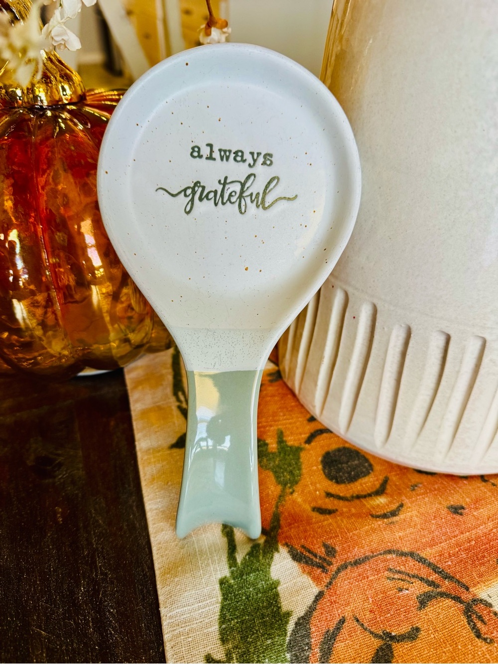 Always Grateful Ceramic Spoon Rest Sage Green Farmhouse Kitchen Decor - Picture 5 of 5